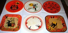 6 Vintage 1940's-60's HALLOWEEN Party Plates w/ BLACK CAT, WITCH, JOL, BAT, OWL