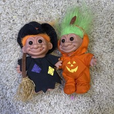 Vintage Russ Troll Dolls Halloween Witch Jack-o-Lantern Pumpkin Set of 2
