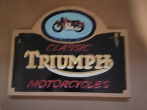 HAND CARVED WOOD TRIUMPH MOTORCYCLE SIGN 18" X 14" X 1" USED