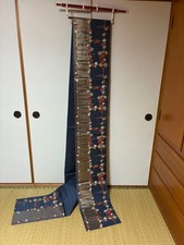 Fukuro Obi Floral Pattern Navy Blue Gold Thread 31cm Wide 440cm Long
