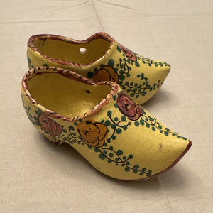 Painted Miniature Wooden Clogs Pair, Floral Yellow, Made in France