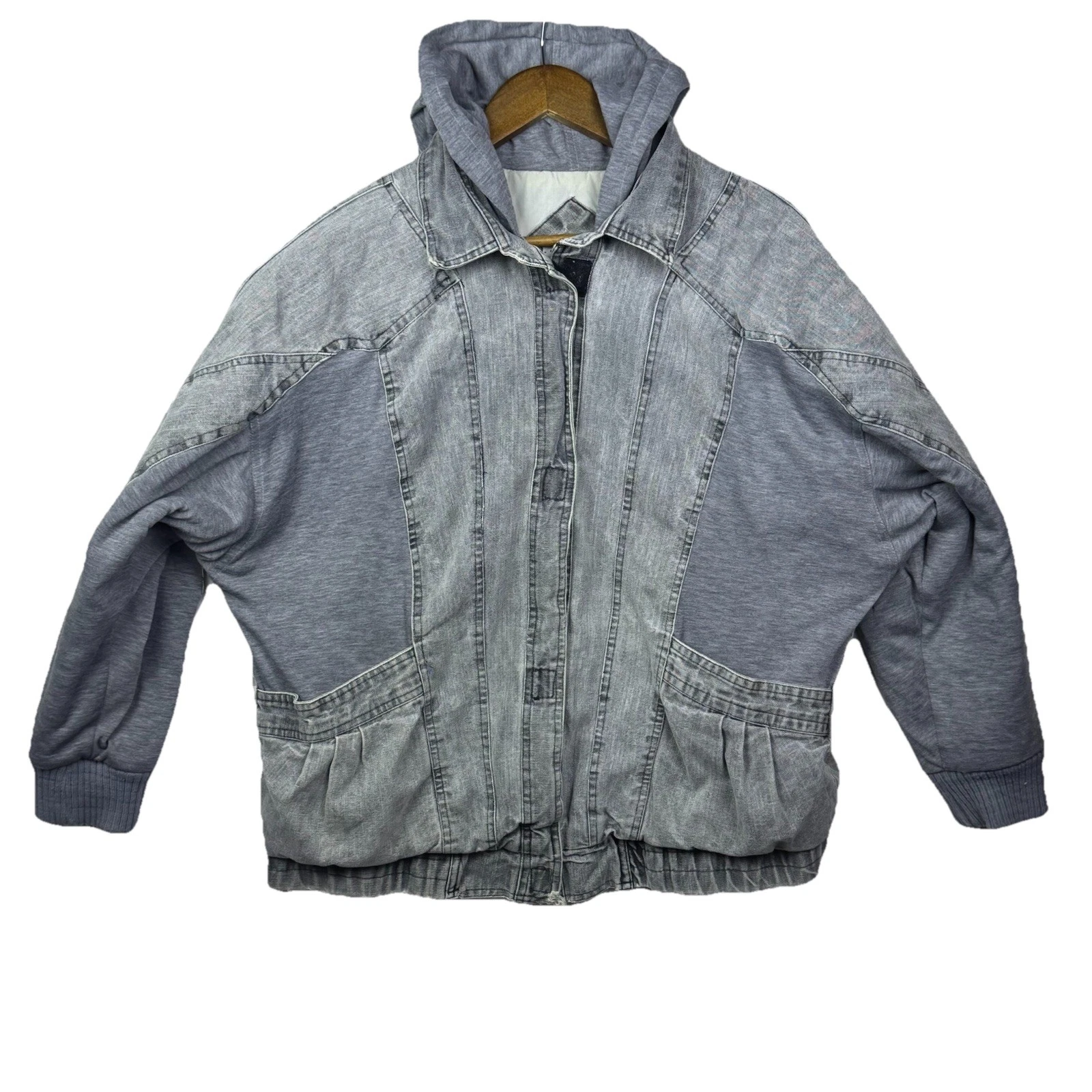Vintage Casual Club Denim Jean Jacket Distressed 80's Acid Wash Gray Hood Size L