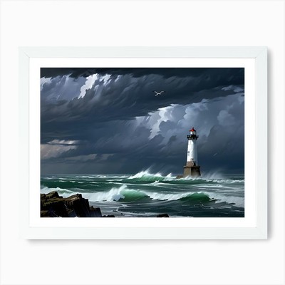 Leuchtturm im stürmischen Meer Kunstdruck gerahmt Wandbild Poster Leinwanddruck Bild