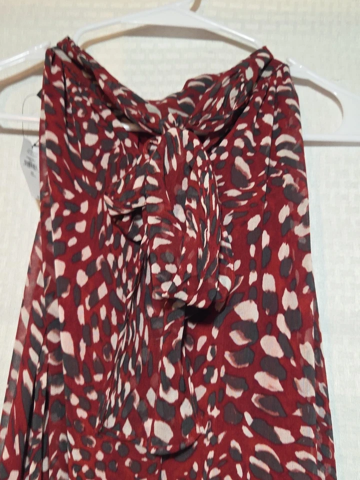 Banana Republic Womens Long Maxi Dress XS Tall Red Animal Print Bow Tie Neck NWT - Image 3 of 4