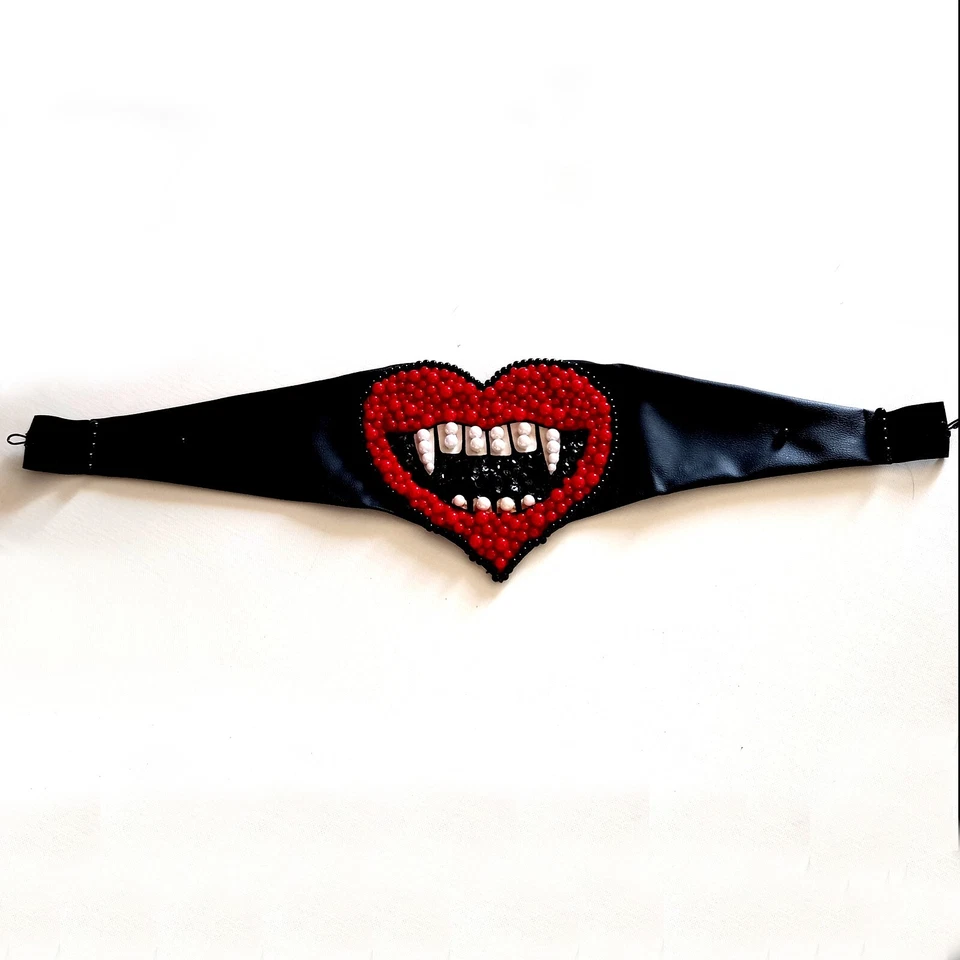 women belt big large faux leather embroidered heart vampire mouth beads sequins  - Image 2 of 4