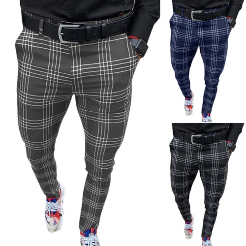 Mens Stretch Skinny Casual Formal Slim Fit Check Trousers Plaid Business Pants - Picture 2 of 23