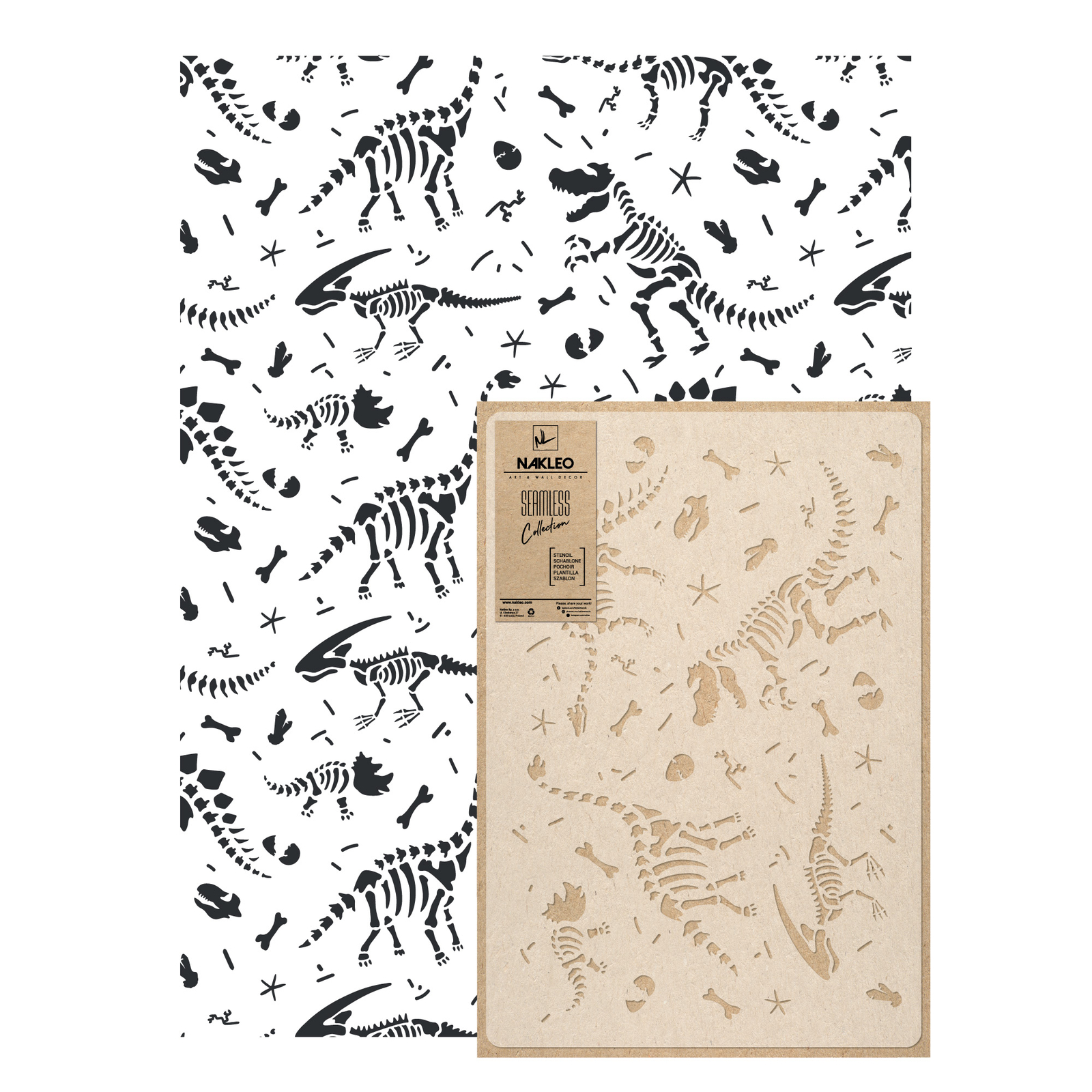Reusable PLASTIC Wall STENCIL / 65x95cm / Seamless Allover - DINOSAUR SKELETONS