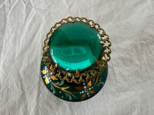 Vintage Perfume Bottle Emerald Green Glass Enamel Gold Flowers West Germany 4.5" - Picture 5 of 8