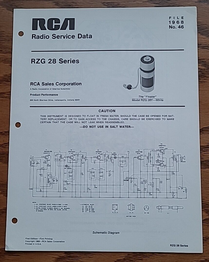 Vintage RCA Radio Service Data RZG 28 Series 1968 No 46 The