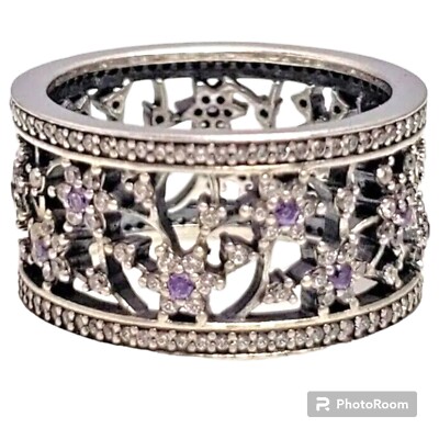 Pandora Sterling Silver Forget Me Not Purple Clear CZ Band Ring