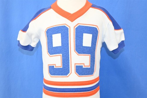 Vintage 90er FUSSBALL #99 V-AUSSCHNITT WEISS BLAU ORANGE TRIKOT KLEINKIND 2T
