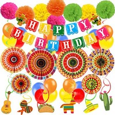 Fiesta Birthday Decorations, Mexican Themed Happy Birthday Banner Paper Pompo...