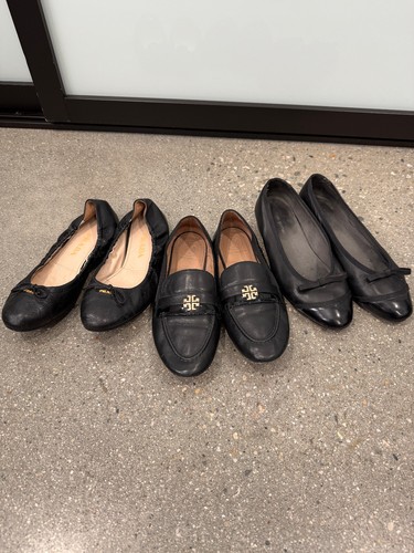 Lot of 3 Pairs of Flats Tory Burch Prada Stuart Weitzman Black Shoes Sz 6.5 M