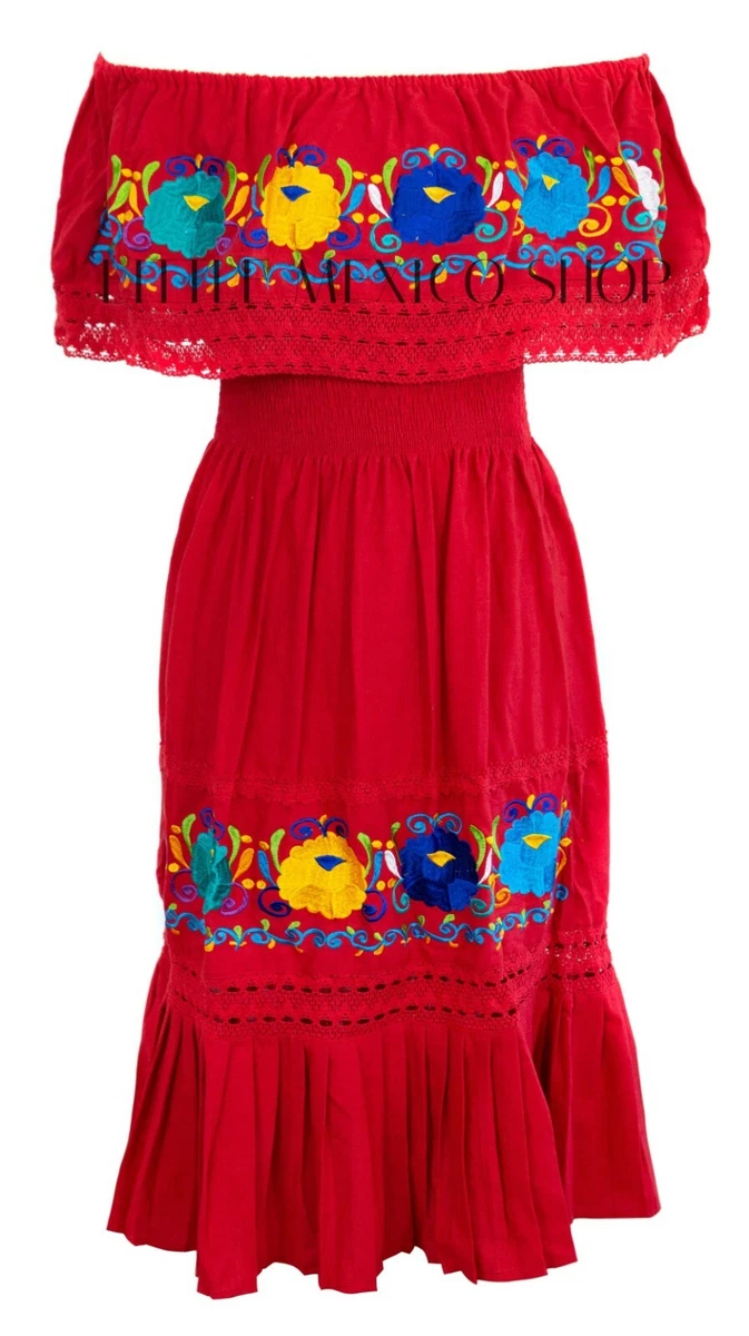 RED Mexican Dress CAMPESINA Off Shoulder Dress Fits or L/XL Crochet Floral | eBay