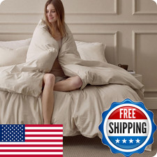 Bedsure 100 Washed Cotton Duvet Cover Full Size - Oatmeal Minimalist Bedding