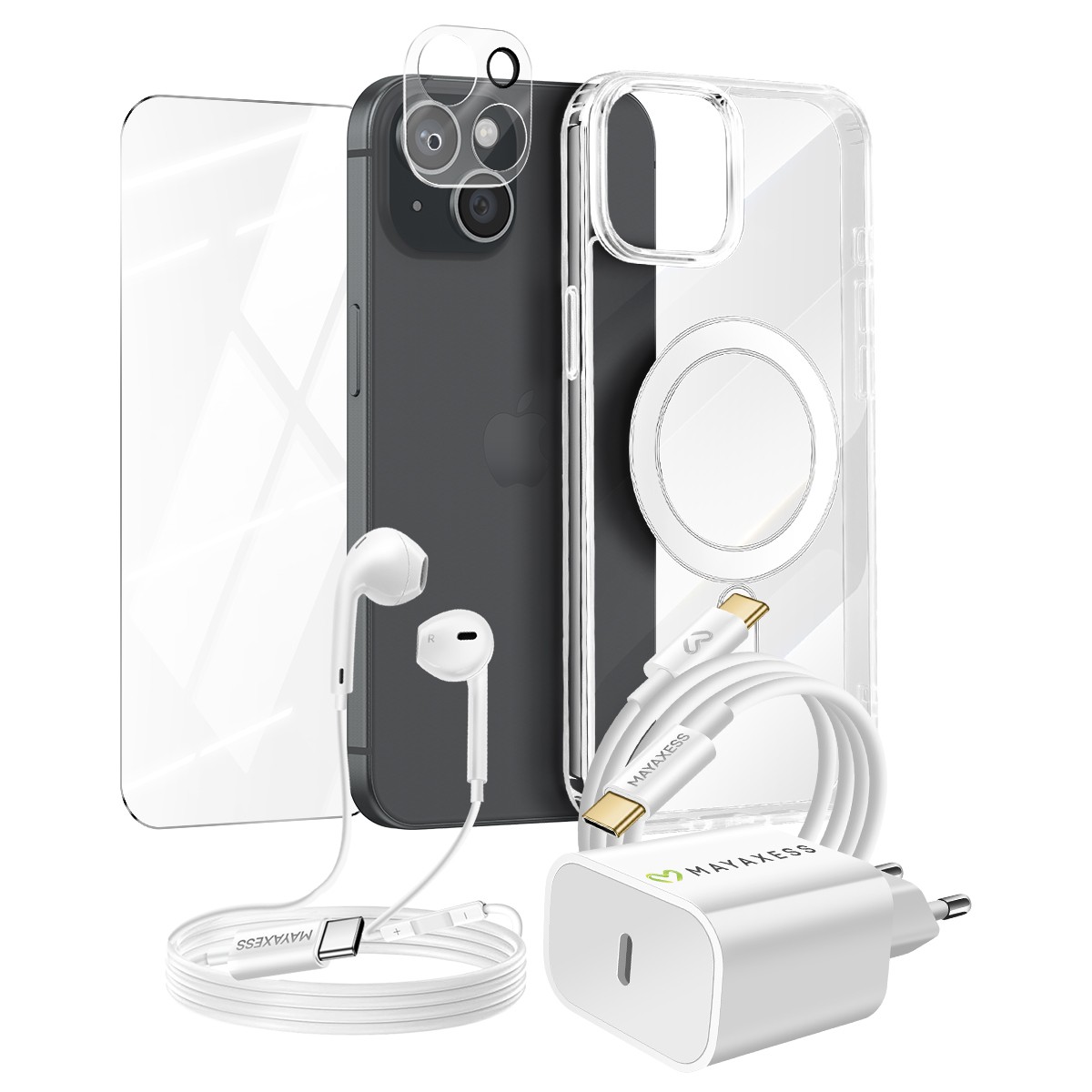 Pack Accessoires iPhone 15 avec Coque Transparente Protection Écran Verre Trempé Écouteurs et Chargeur