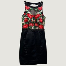 Mac Duggal Black Floral Embroidered Beaded Sheer Neck Cocktail Dress Size 10