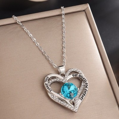 Rose Gold Heart Pendant Necklace with Birthstones and Love Inscription