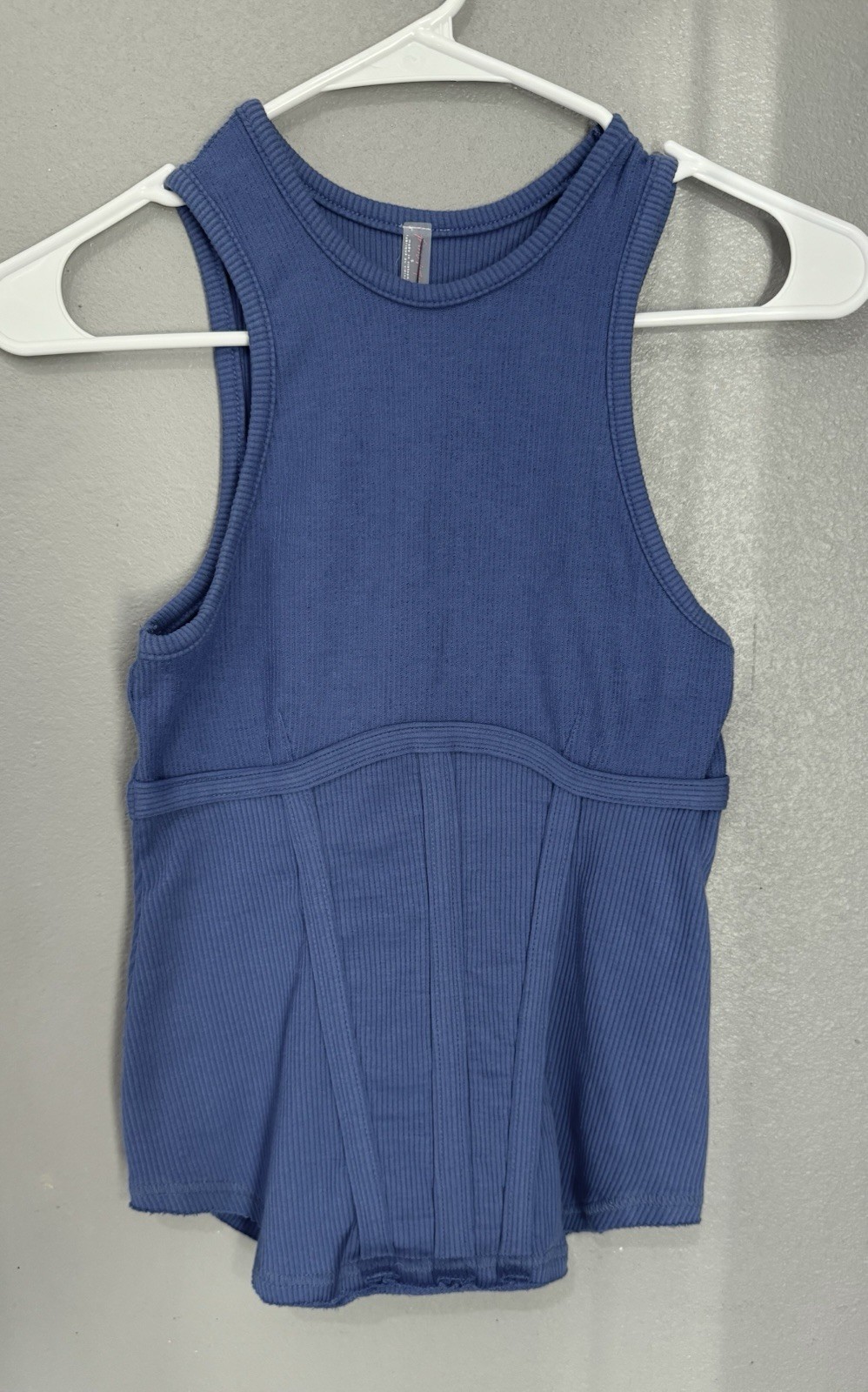 Free People Women’s S Blue Ribbed Knit Stretch Sleeveless Round Neck Tank Top