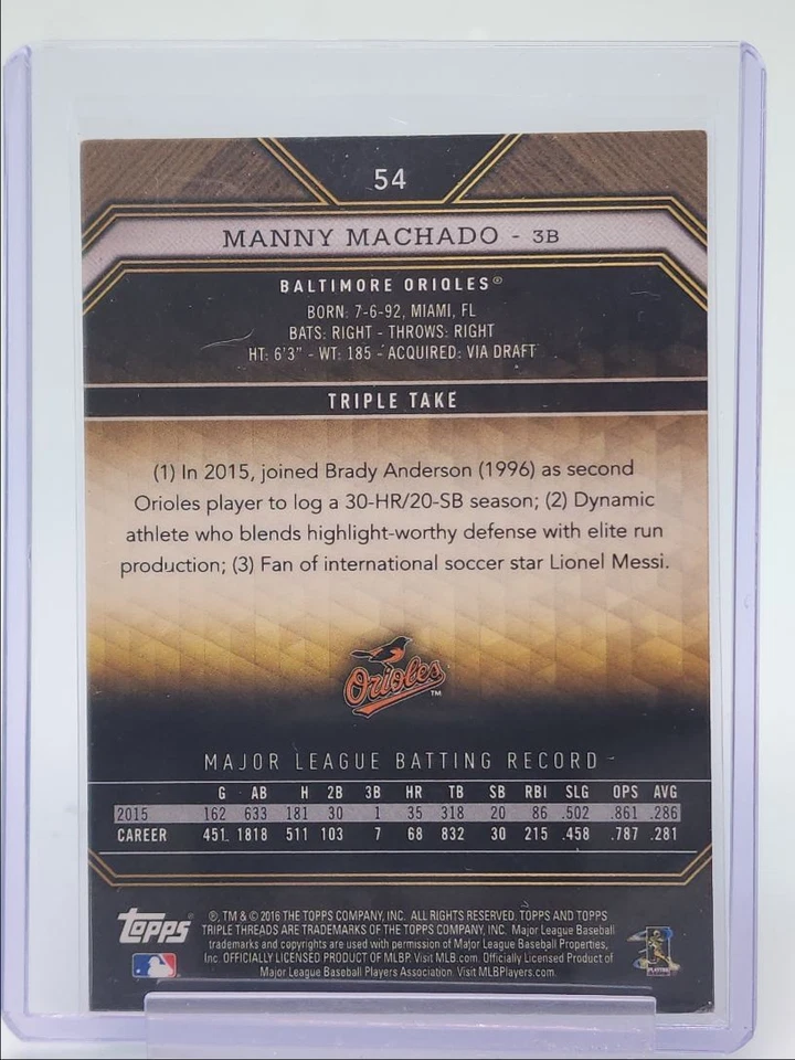 MANNY MACHADO 2016 TOPPS TRIPLE THREADS EMERALD ORIOLES /250 Q0333 - Image 2 of 2