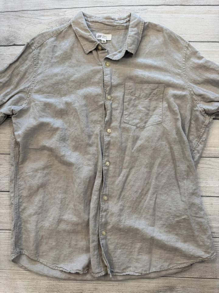 GAP Shirt Mens XL Gray Linen Cotton Short Sleeve Button Up Casual Pocket Summer - Image 2 of 4