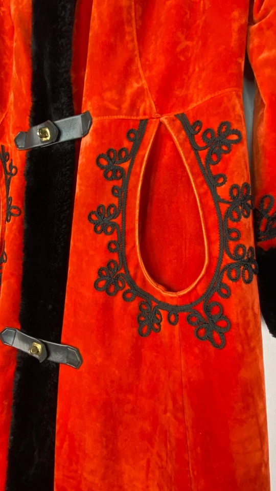 Vintage 1960s red princess coat velour black faux fur collar cuffs long orange S - Image 4 of 4