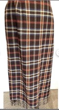 VTG 1990s Sz 8 Wool Blend Maxi Skirt Plaid Orange Brown Fringe Academia Preppy