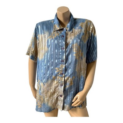 Selene Sport Button Front Shirt Womens Plus 1X Tropical Pam Leaf Striped Sheer