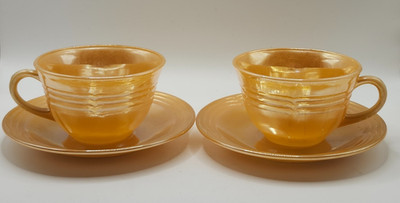 Two Fire King Peach Luster Cups & Saucers Set - GLORIOUS COLOR!!