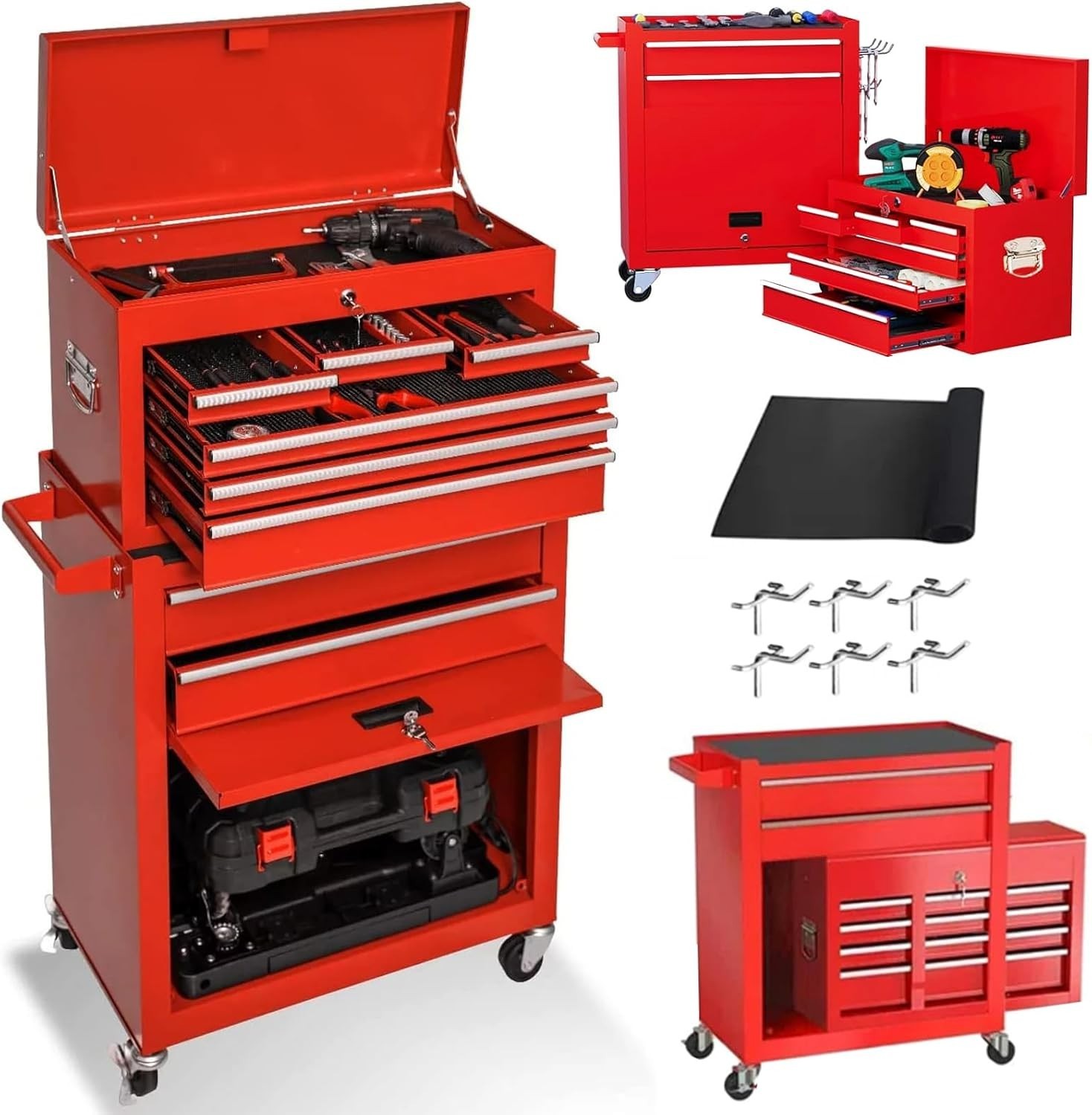 8-Drawer Rolling Tool Box, Lockable Tool Chest with Detachable Box for Garage