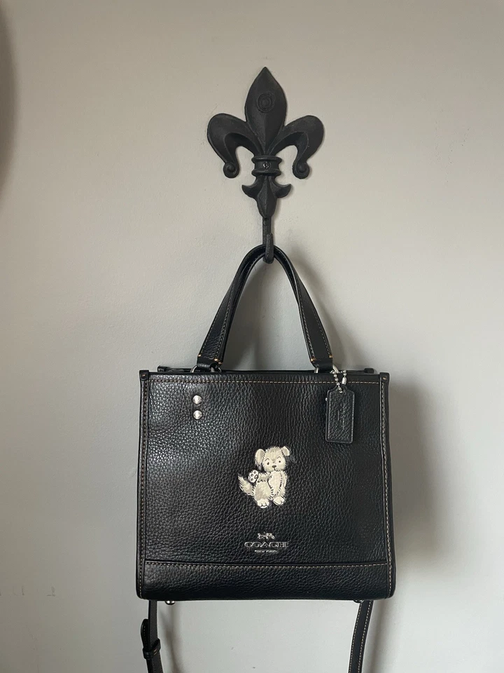 COACH Dog Dempsey 22 Crossbody Tote Bag Happy Dog Embossed Black Leather/ Silver - Image 3 of 4