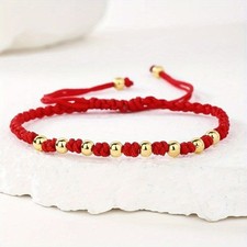 Men's and Women's Golden Copper Round Bead Red Braided Rope Bracelet Lucky Gift