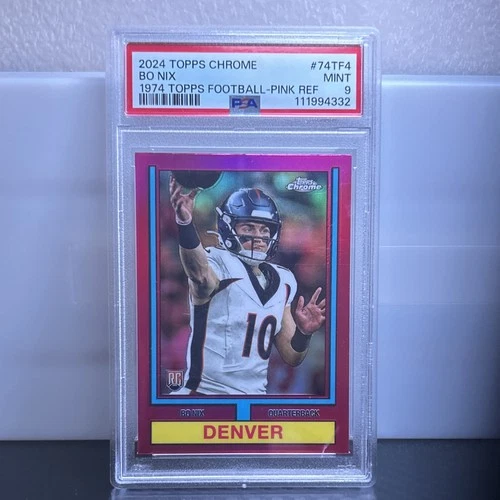 Topps 2024 Chrome Bo Nix #74TF-4 Pink Refractor Rookie 1974 Ref PSA 9