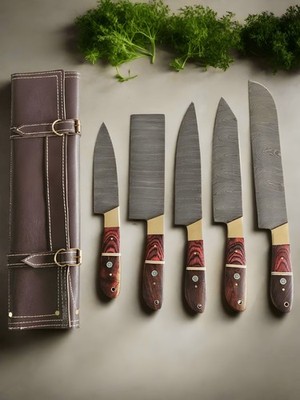 Custom Handmade Damascus Steel Chef Knife Set 5PC | Christmas Gift for Him or He