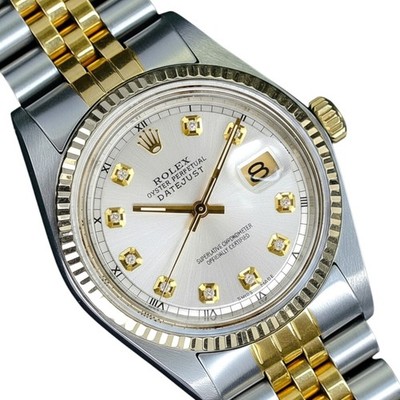 Rolex Mens Datejust 1601 Gold Steel Silver Diamond Dial Fluted Bezel 36mm Watch