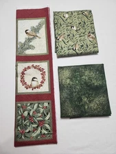 CHRISTMAS Bundle Chickadees & Berries Quilt Panel (2) 1 Yard Cut Cotton Fabric