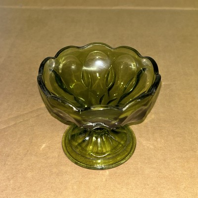 Anchor Hocking Fairfield Green Art Glass Pedestal Compote Footed Candy Dish VTG