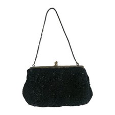 VTG Cocktail Purse Black Beaded Evening Brass Clasp 12" Chain Satin Lined REPAIR