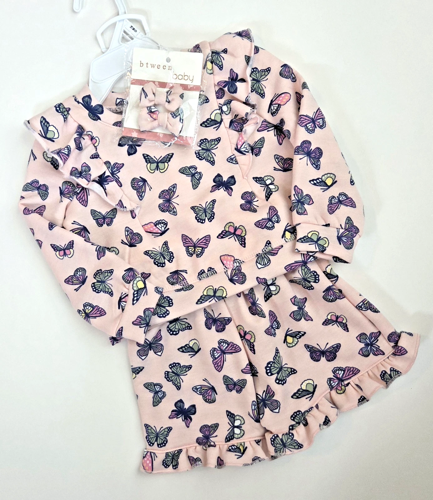 BTWEEN Baby Girls Pink Butterfly Print Fleece Top & Shorts Set Size 18M NWT