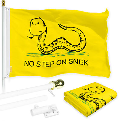 Combo: 6 Ft Flagpole WH & No Step on Snek Cartoon Flag 3x5 Ft Printed 150D Poly