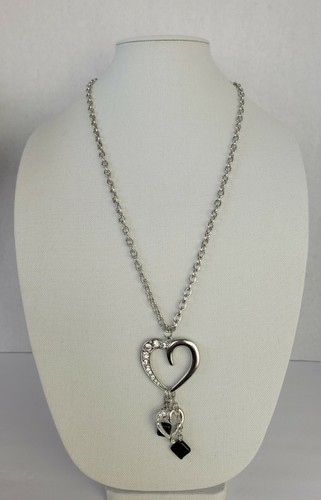 Silver Tone Cable Chain Statement Heart Pendant Charm Rhinestone Necklace 20"