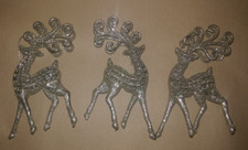 Set of 3 Plastic Silver Glitter Christmas Reindeer Ornaments Ornate Antlers