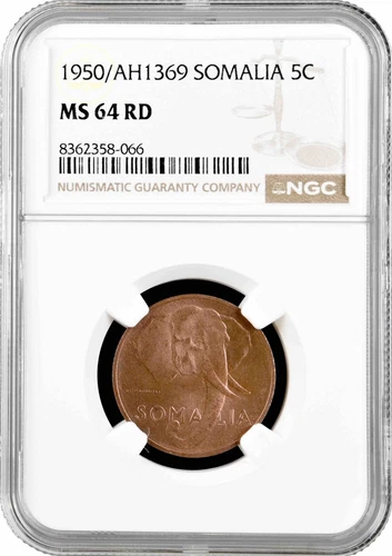 Somalia 5 centesimi 1950, NGC MS64 RD, "Italian administration (1950 - 1960)"