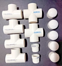 Lot of 13 Lasco 3/4 Inch PVC Schedule 40, Slip Tees, Slip Unions, End Caps, More