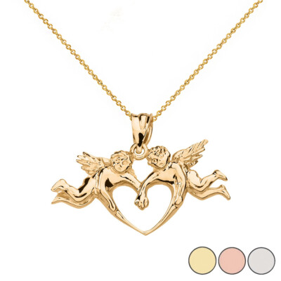 Cherub Engel Liebe Herz Anhänger Halskette in massiv Gold (gelb/rose/weiß)