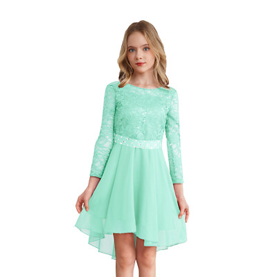 DE Mädchen Langarm Spitzen Kleid Strass Hochzeit Partykleid Blumenmädchenkleider