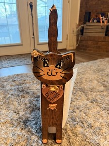 Vintage Handmade 80s Wood Cat Spare Toilet Paper Rolls Holder Cottagecore Granny