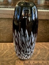 Hand Blown Art Glass Vase Dark Ruby Black White Spatter Pattern Heavy Thick