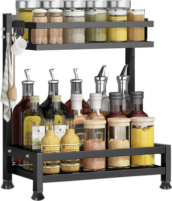 2 Ebenen Schwarz Gewürzregal Organizer mit 4 Haken - Platzsparendes Küchenregal für 