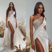 Fashion Pearl Sequin Wedding Dress A-line Satin Split Sweep Train Bride Gown